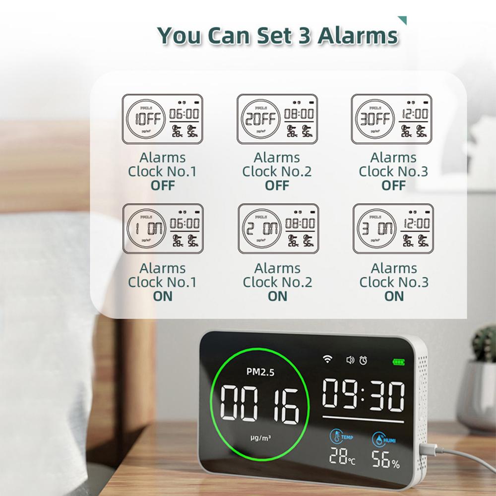 WiFi Smart Air Quality Detector Large Screen PM2.5 Monitor 4 In 1 PM2.5 Temperature Humidity Tester Alarm Clock for Home
