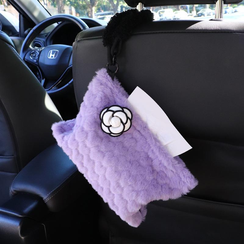 Camellia Love Plush Car Tissue Box - Hanging Armrest & Center Console Decor.