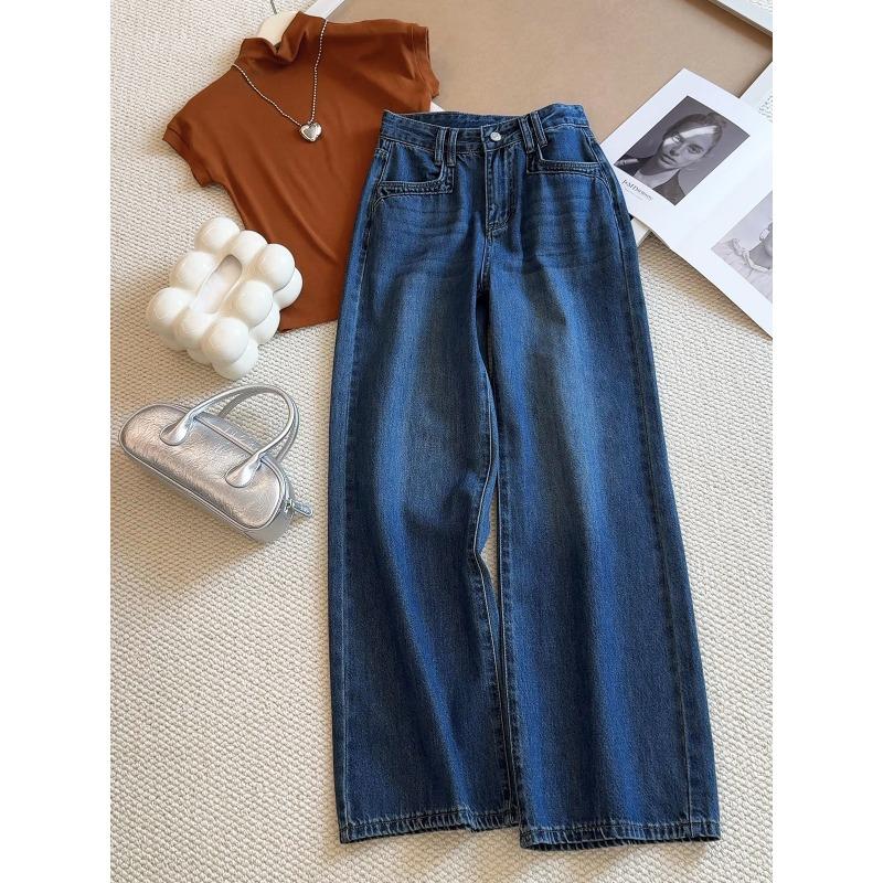 

Тринадцать линий качественных джинсов с высокой посадкой и широкими штанинами, женские брюки, новинка начала осени, выстиранные прямые брюки-швабры XL темно-синий