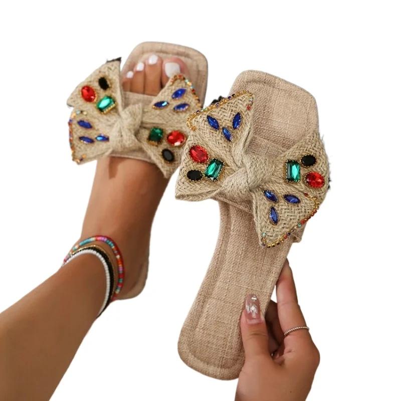 Dámské letní boty, luxusní kamínkové dámské pantofle s hranatou špičkou, módní dámské pantofle, venkovní, ležérní, ploché pantofle pro ženy