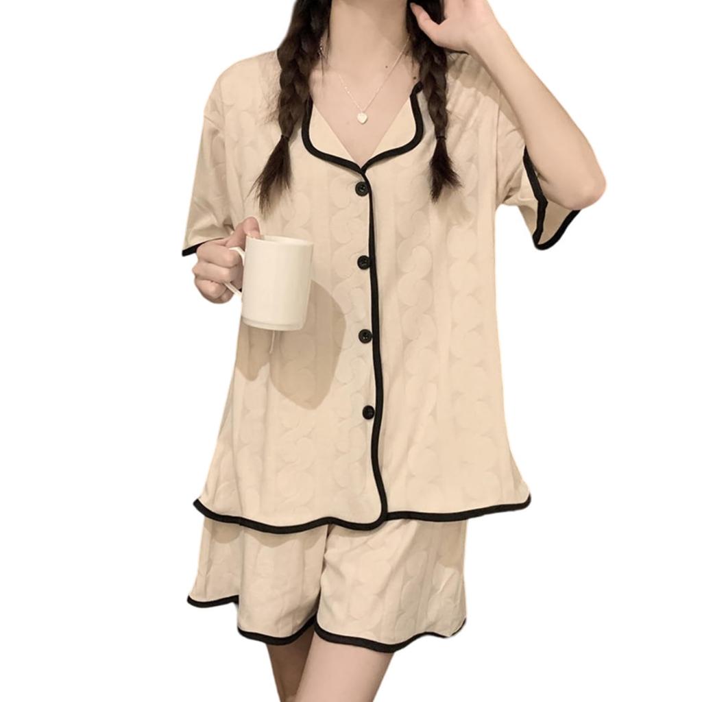 YunXiozy Star Pajama Short Lightweight Dotted Open Women's Set, Loungewear, Sleeves, Fabric, Front, Comfortable, Sweat-Wicking, Breathable,