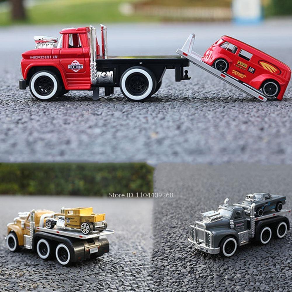 Scale 1:60 American Muscle Trailer Model Toy Car Sound Light Alloy Diecast Pull Back Flatcar Models Birthday Gifts for Kids