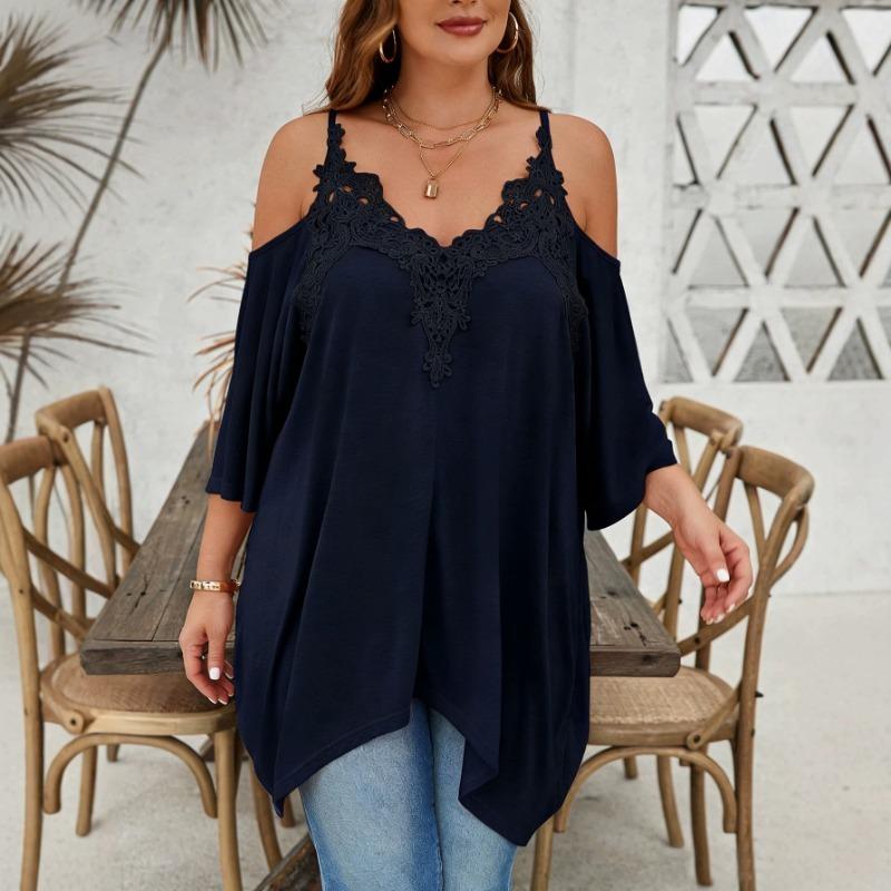Women Loose Casual Lace Collar Floral Patchwork Off Shoulder Camisole Asymmetrical Hem T Shirt