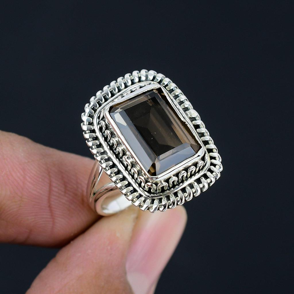 Natural Smoky Quartz 925 Sterling Silver Split Shank Handmade Ring For Women & Girls