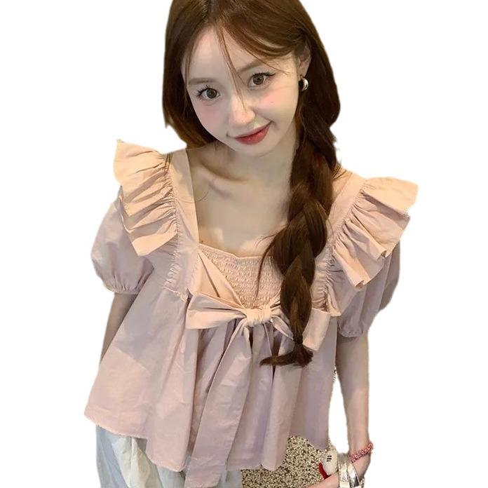 French Fashion Ruffled Bow Doll Shirt for Women - Summer 2026 Short Sleeve Lace-up Top