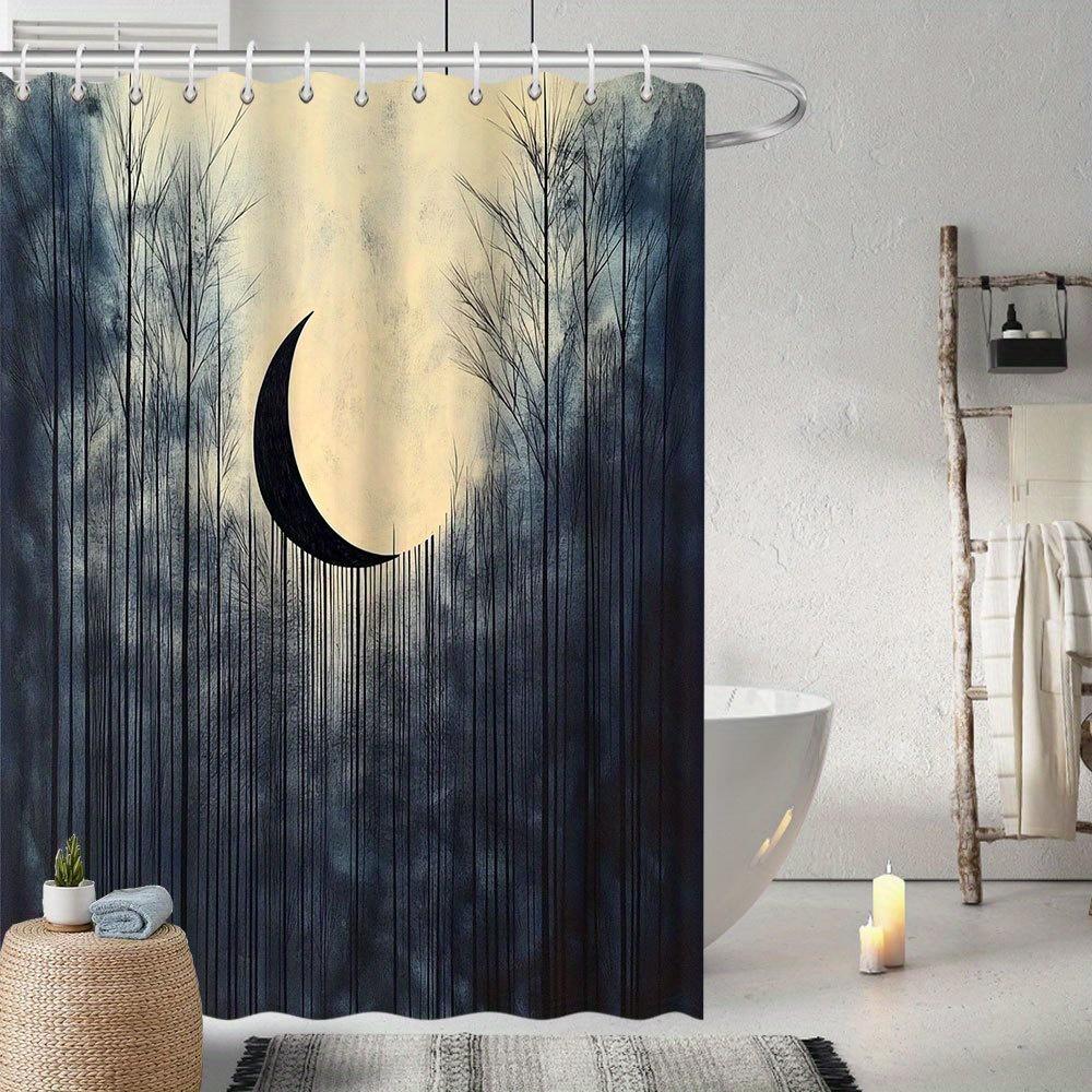 Monochromatic Forest & Crescent Moon Shower Curtain - Haunting Bare Trees Design, Stylish Bathroom Decor W90xH180cm