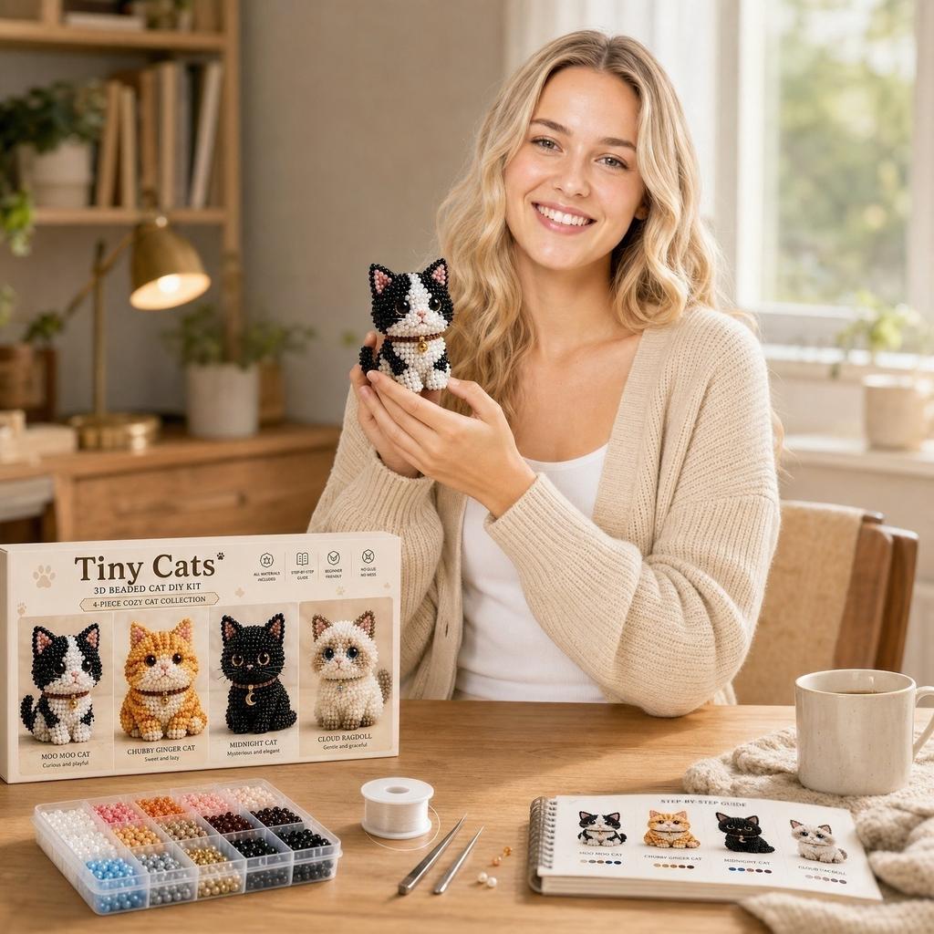 3D Beaded Animal Kit Tiny Cats DIY Craft Set Includes Four Cat Figures with Beads and Tools for Detailed Handmade Decoration