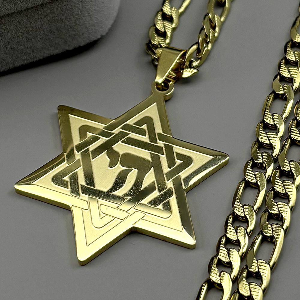 Je Israel Hebrew Letter Chai Symbol David Star Pendant Necklace Men Women Stainless Steel Hexagram Punk Cuban Chain Jewelry