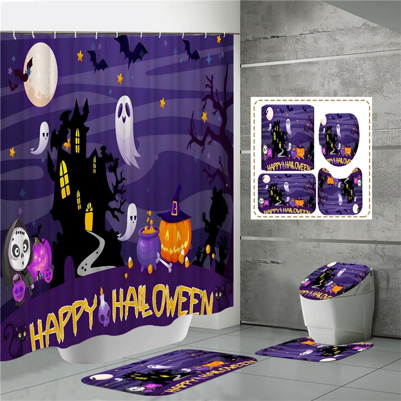 HOT Halloween Ghost Pumpkin Skull Shower Curtain Set with Non-Slip Rugs Toilet Lid Cover and Bath Mat Washable Trick or Treat