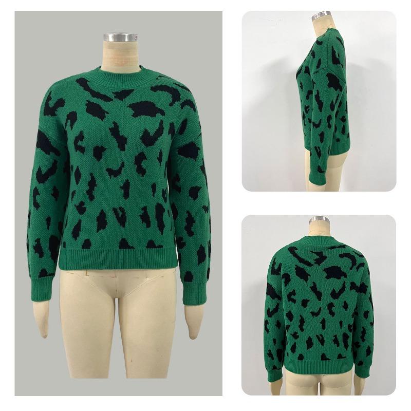 Women S Fashion Round Neck Long Sleeve Pullover Sweater Leopard Print