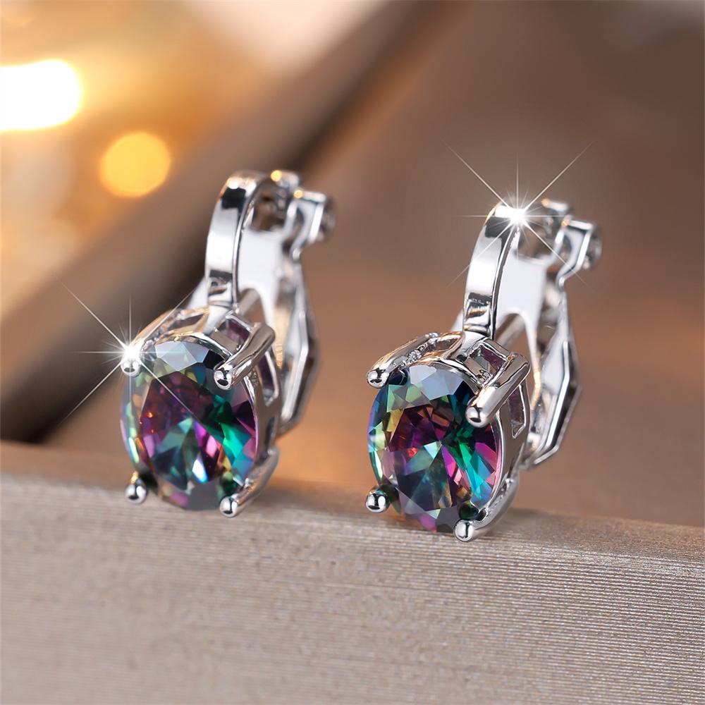 Pendientes de Clip Pequeños Lindos con Piedra Ovalada de Circonita Arcoíris Para Mujeres Pendiente de Compromiso Color Plata Vintage Joyería de Cristal Multicolor