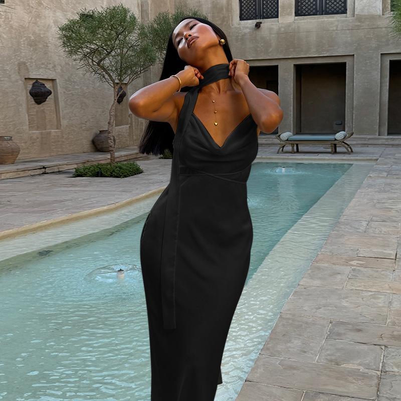 Autumn Women's Fashion Long Dress Celeb Style Sexy Slim Satin Ribbon Slip Dress