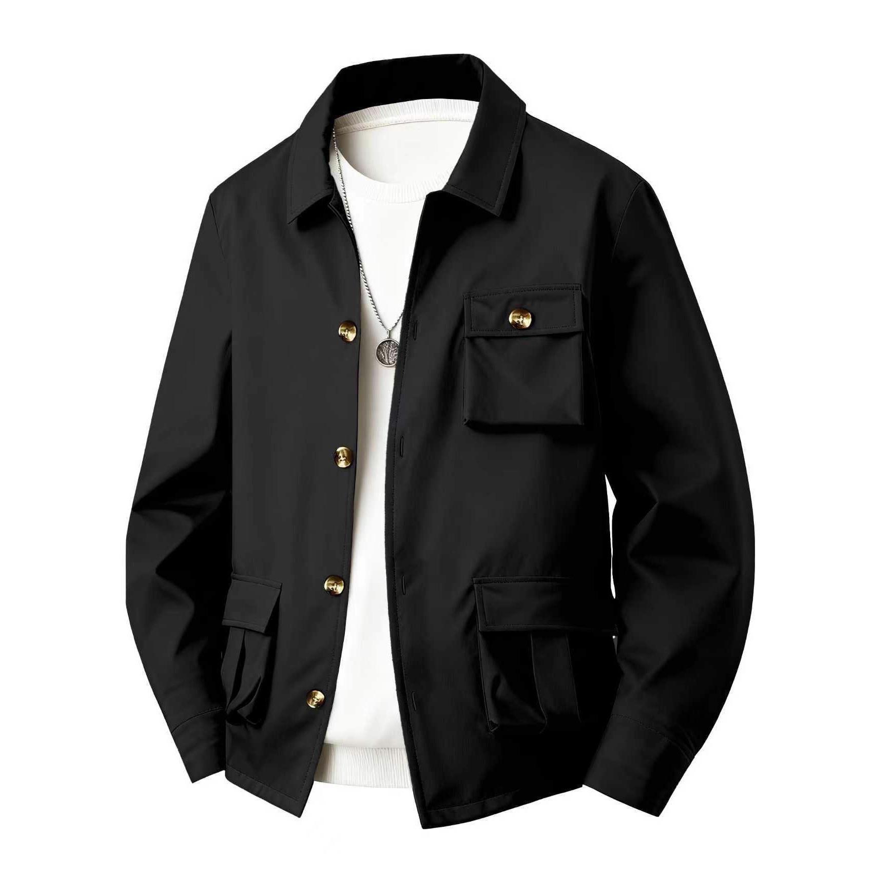 

Men s Solid Color Multi-Pocket Workwear Simple Style Long Sleeve Casual Versatile Waterproof Jacket S чёрный