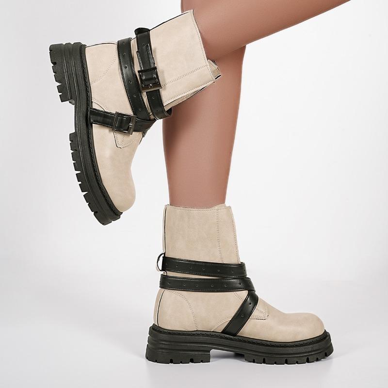 Western Trendy Big Head Cross Belt Buckle Chimney Boots Round Toe Platform Block Heel Booties