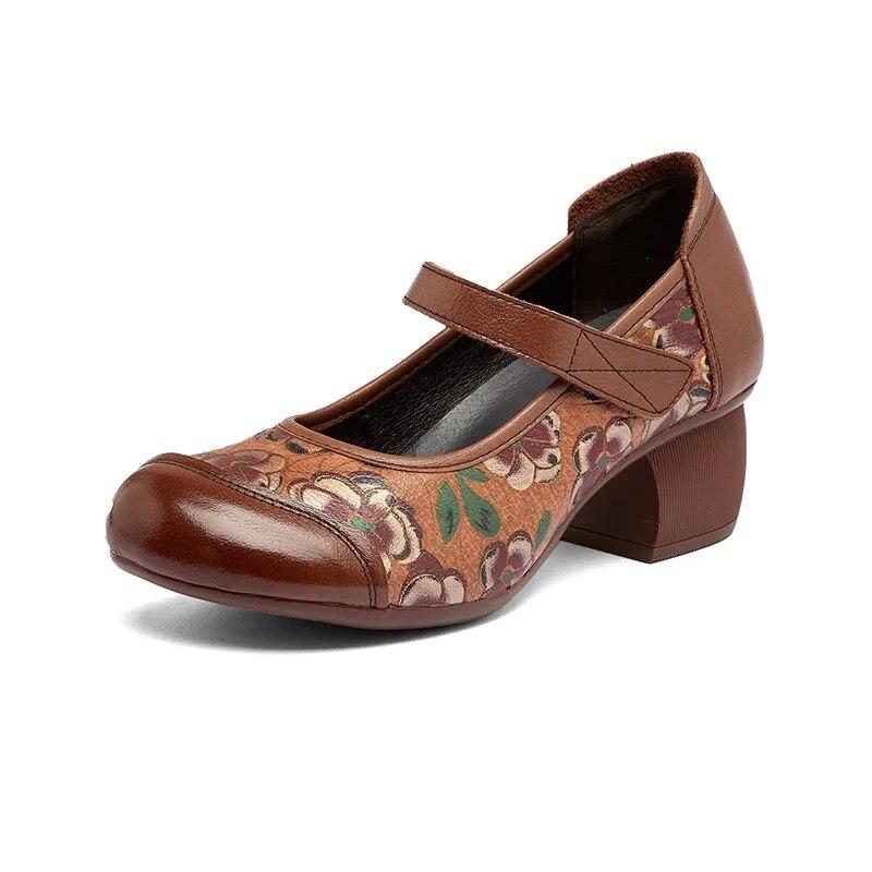 Johnature Pantofi de damă cu imprimeu în stil etnic, din piele naturală, cu vârf rotund, cu toc gros, cu talpă moale