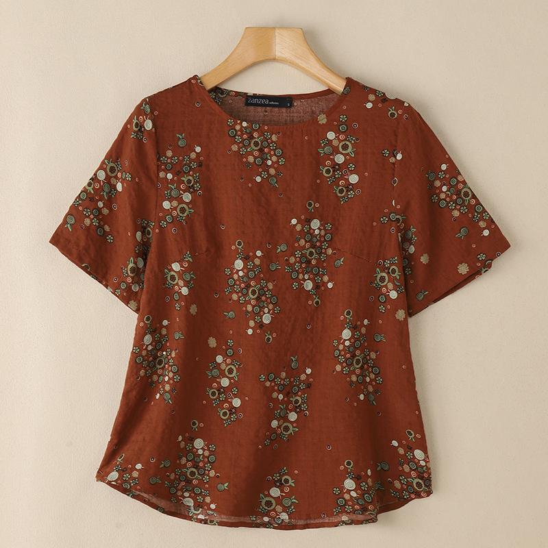 

ZANZEA Женская повседневная блузка с круглым вырезом, рукавом до локтя, свободного кроя, с цветочным принтом M