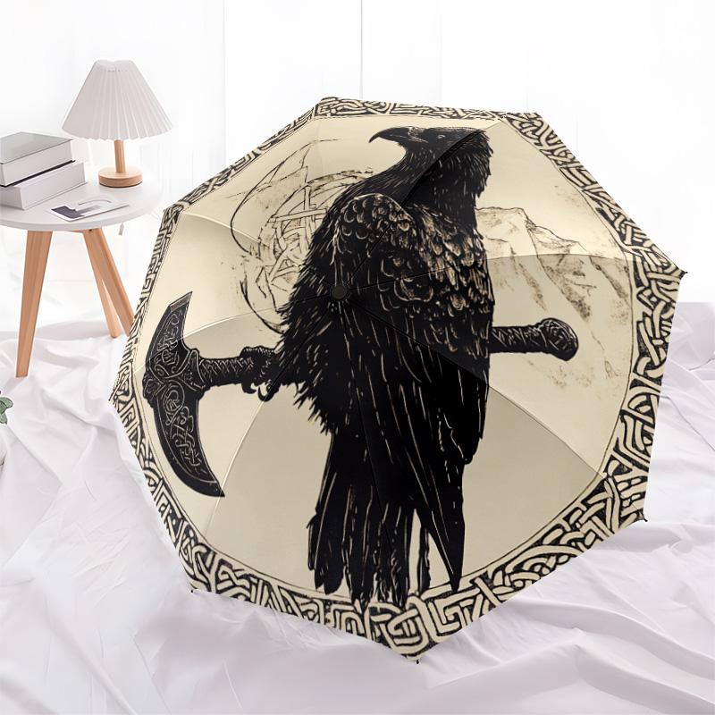 1 PC Automatic Folding Umbrella - Celtic Raven and Axes Pattern, Portable & Foldable Design with 8 Ribs, Christmas Birthday Gifts