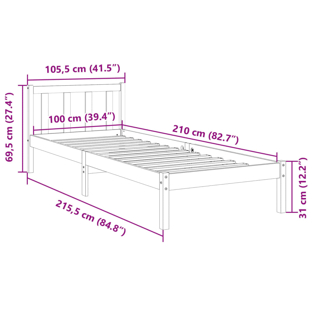 Solid Wood Bed Extra Long Without Mattress White 100x210 Pine Wood