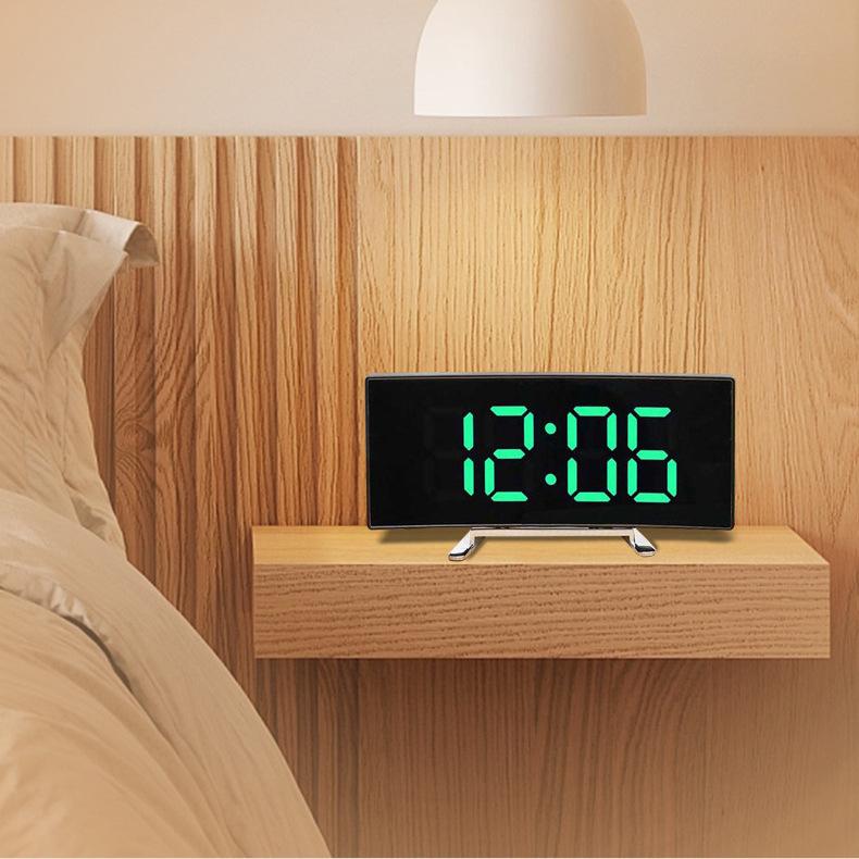 Creative large-screen curved LED home digital mirror clock ornament, multi-functional desktop luminous electronic clock