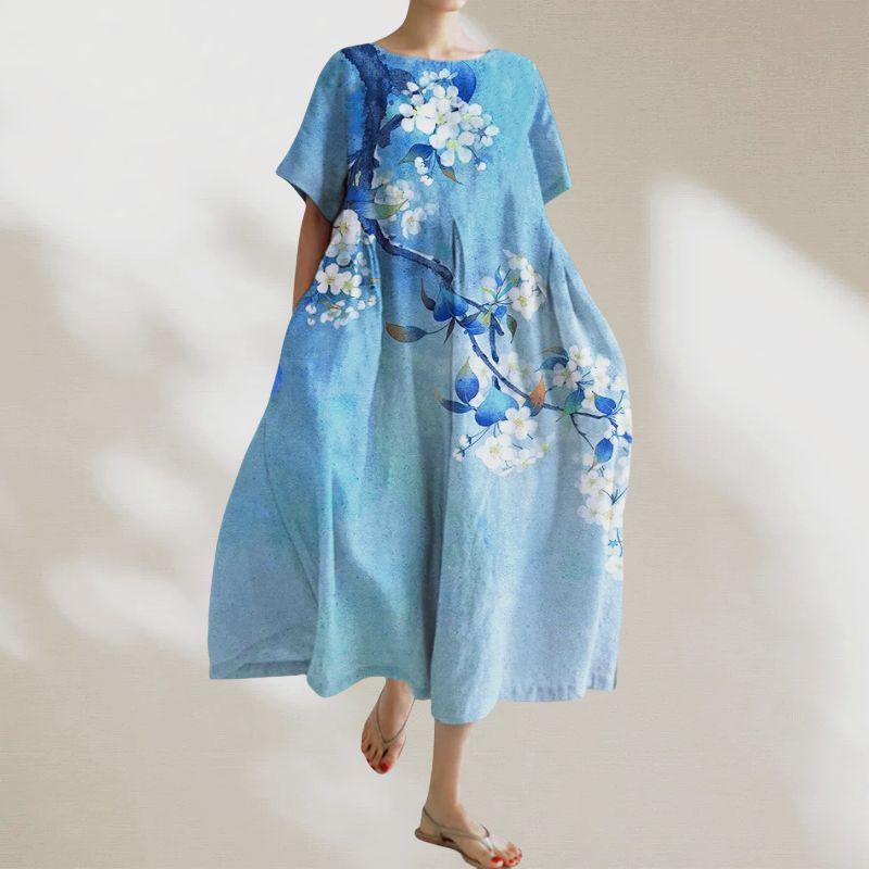 

Retro Hong Kong Style Plus size women clothing Artistic round Neck Pear Flower Pattern Loose Commuter Leisure Short sleeve Mid-Length Dress