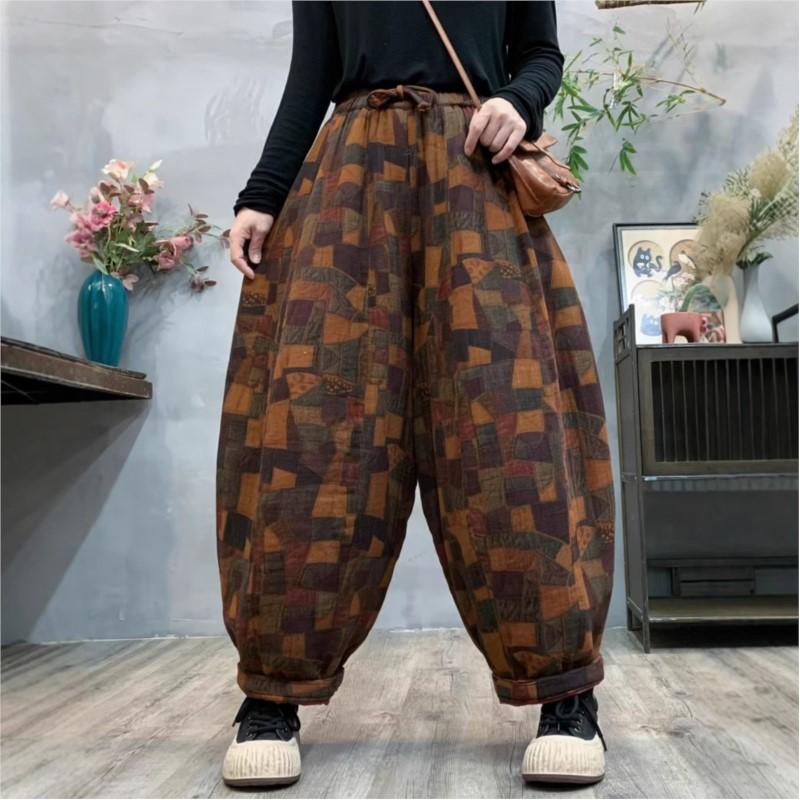 Johnature Pantalones harén con estampado de estilo vintage para mujer, pantalón holgado, informal, con cintura elástica, estilo chino, moda de invierno
