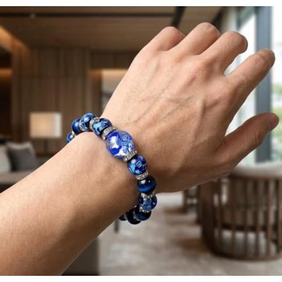 Riqueza saúde sorte Ryukyu Hotaru Azul impressionante contas de 16mm escultura dragão de cinco garras cristal lápis olho de tigre masculino pulseira de pedra de poder natural
