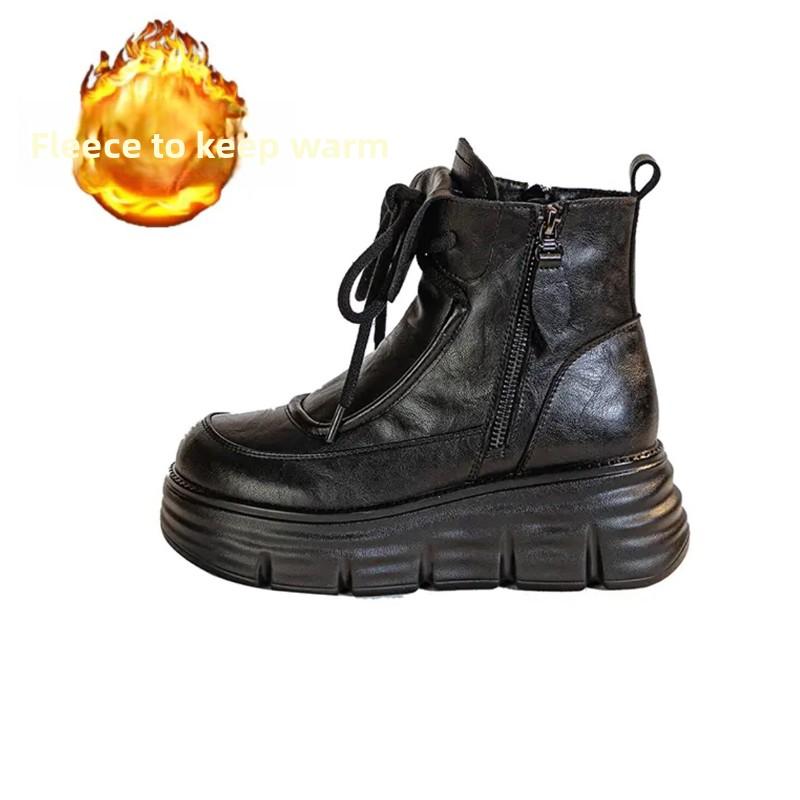 

Женские кожаные ботинки с высоким голенищем, на флисовой подкладке, ботильоны, увеличивающие рост, осенне-зимняя мода, Великобритания, круглый носок 40