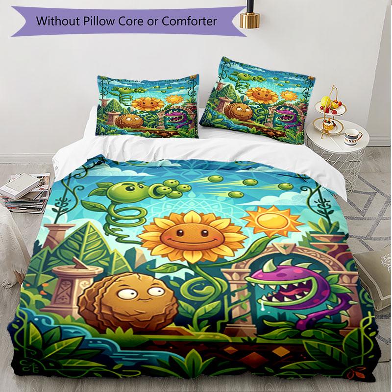 3pcs Duvet Cover Set (1*Duvet Cover + 2*Pillowcase, Without Core), Plants VS Zombies Print Soft All‑Season Bedding Set, Home Bedroom Decor Gift