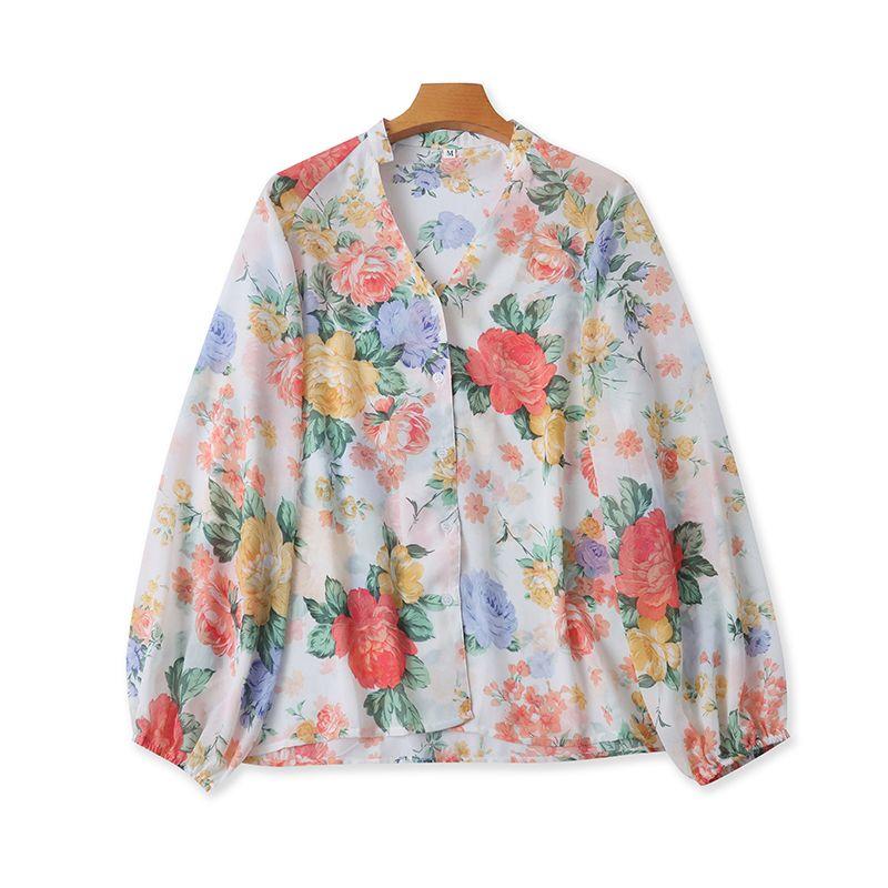

Рубашка шифоновая с цветочным принтом, с V-образным вырезом и длинным рукавом, летняя новая тонкая рубашка, женский пуловер, свободная базовая рубашка, женский топ 13132 Color L