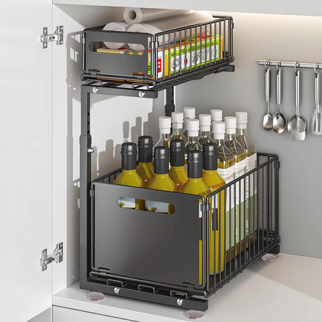 2-level sliding drawer under sink, adjustable kitchen storage rack, removable cabinet organizer, spice jar storage rack