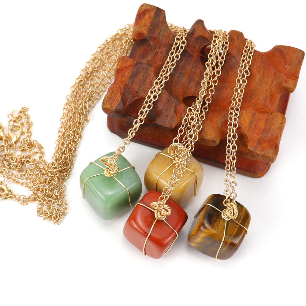 

Handmade Gold Winding Multi-Color Crystal Natural Stone Tiger Stone Cube Pendant Necklace Love N596