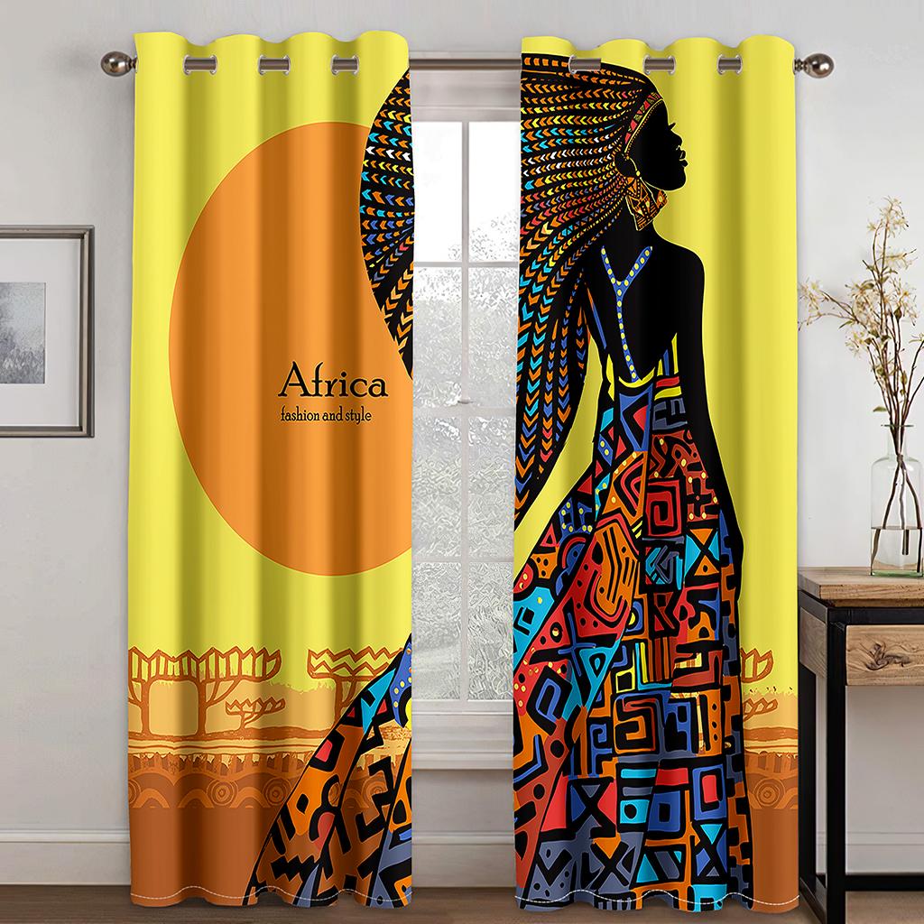 

2 шт. Африканский узор этнические старинные шторы красочные племенные принты штанговые карманные шторы полузатемняющие шторы для гостиной 100W130H(CM)40x51in&Rod Pocket