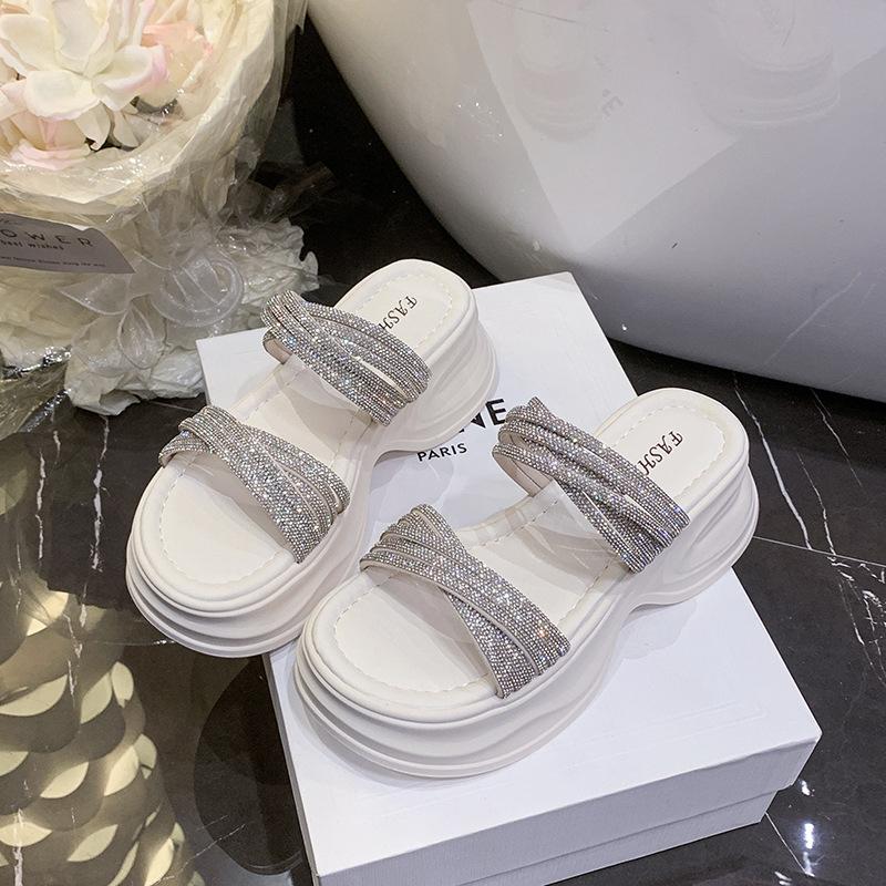 2025 New Fairy Rhinestone Word with Cool Slippers Waterproof Table High Heel Slippers Female Summer Wear Cool Slippers