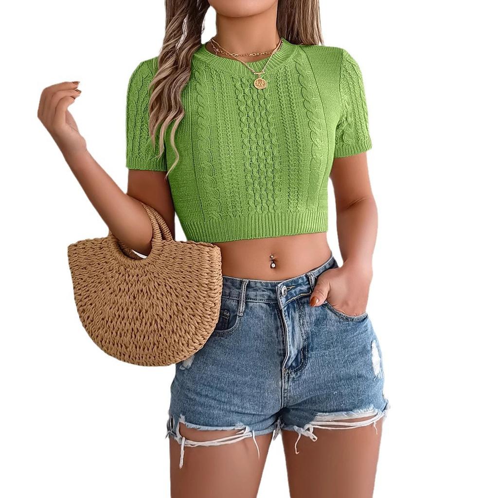Spring Summer Women's Casual Twist Short Sleeve Holiday Short Cord Knitwear