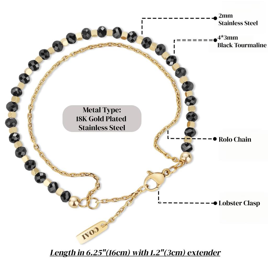 Koai Cut Black October Power Stone Bracelet for Women Tourmaline, Birthstone, Double-Layer