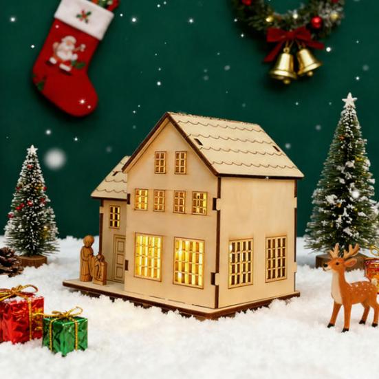 Wooden LED Lighted House Ornament Handcrafted Glowing Christmas House Decoration Xmas Holiday Party Desktop Decor