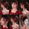 Wine Red Bridal Gown Earring Set with Rhinestone Tassel Headpiece, Flower Hair Clips, and Chinese Toasting Dress Accessories.