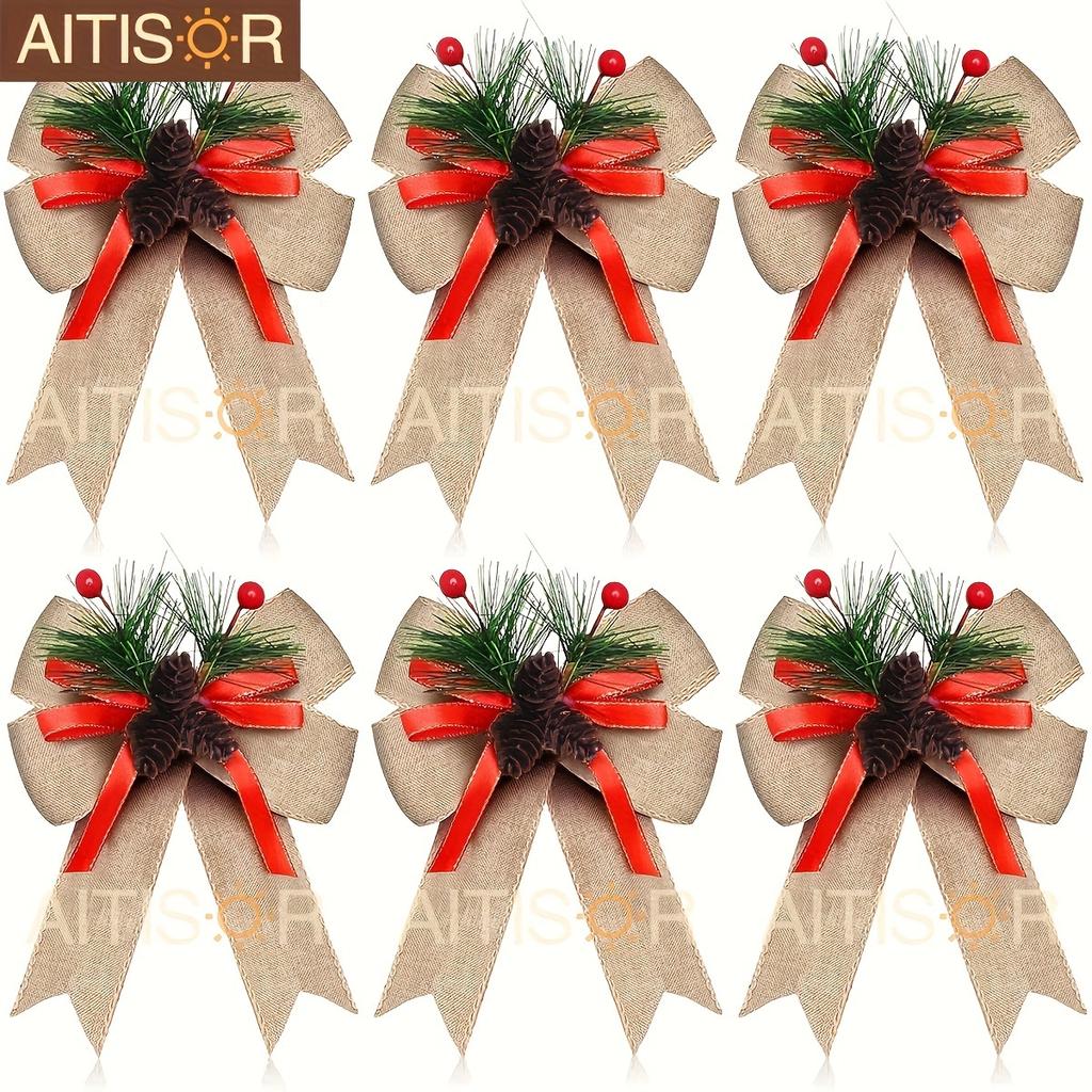 6pcs Christmas Ribbons Buffalo Plaid Bows with Plastic Pine Cone for Christmas Tree Mantle Fireplace Wreath DIY Crafts Decoration Party Decor Gift