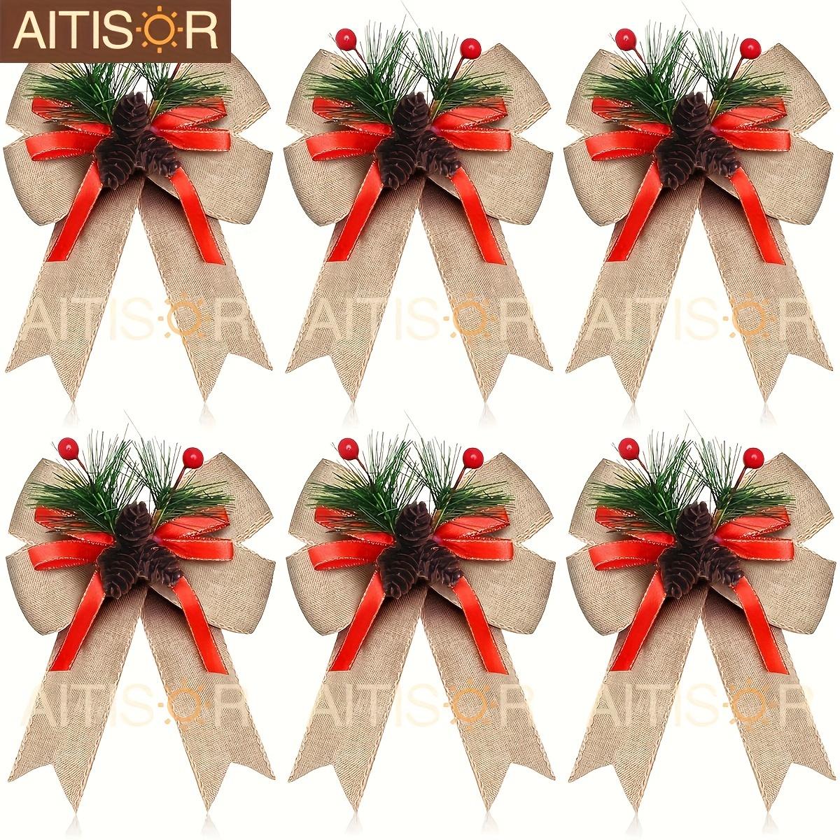 

6pcs Christmas Ribbons Buffalo Plaid Bows with Plastic Pine Cone for Christmas Tree Mantle Fireplace Wreath DIY Crafts Decoration Party Decor Gift 6pcs