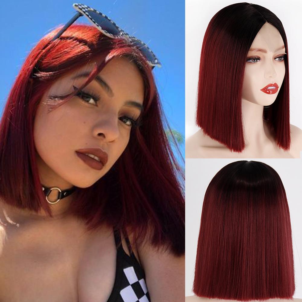 MISS WIG Kvinner Kort rett Bob-parykk Uten smell Blonder Frontparykk Syntetisk fiber Rødvinfarge Skulderlengde Rett parykk