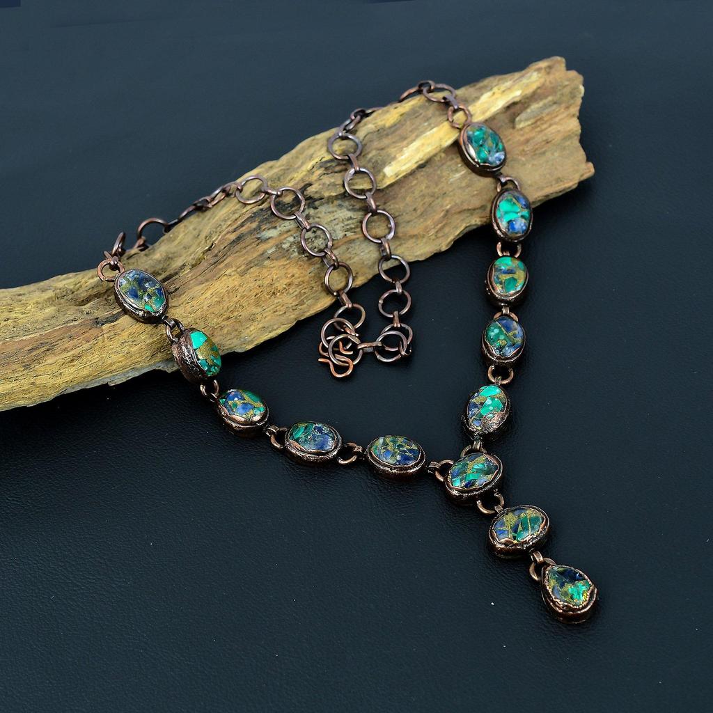 Copper Azurite Malachite Copper Electroformed Necklace with Adjustable Chain, Handmade Gemstone Jewelry Necklace For Memorial Day