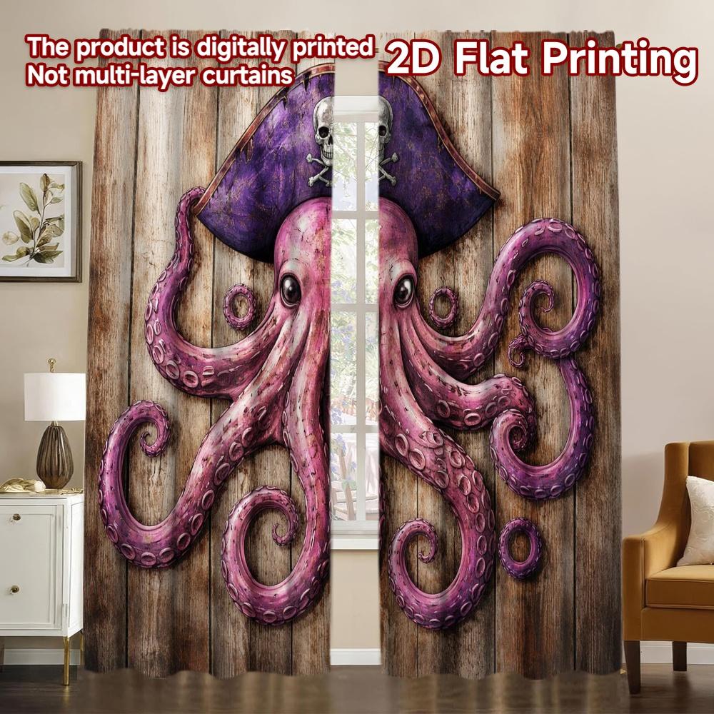 2D FLAT PRINTING 2pcs Curtains (Without Rod) Pirate Octopus On Wood Chic Contemporary Curtains Prints Light Filtering Curtains