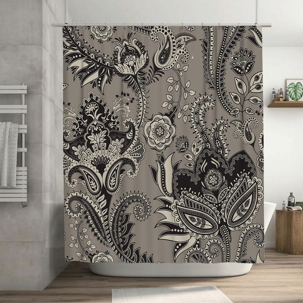 Vintage Floral Shower Curtain With Black And White Paisley Design Waterproof Bathroom Decor Set For Home Decoration (180X200Cm)
