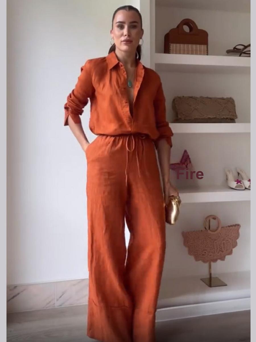 

New Solid Color Shirt Pocket Long Pants Casual Tie-Up Set for Women M мандариновый