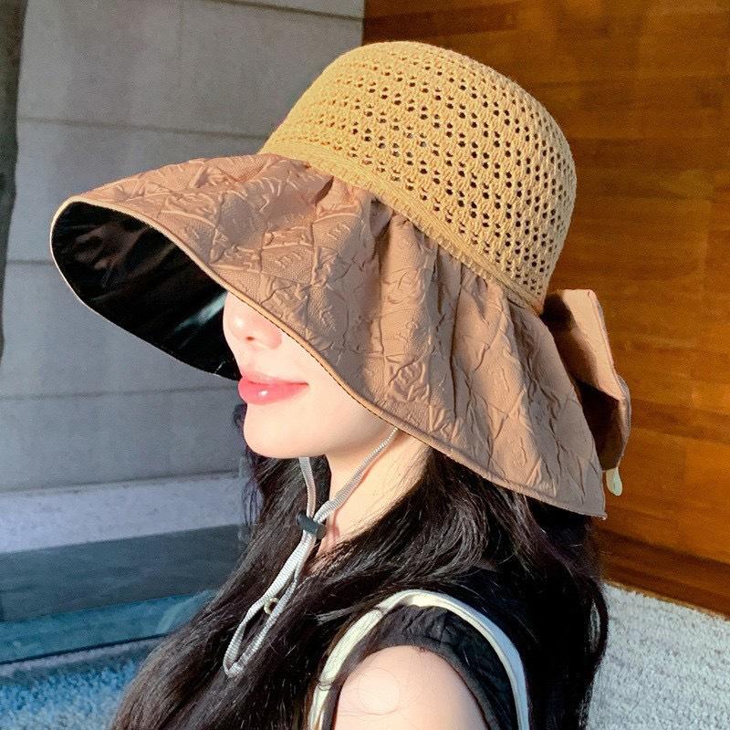 New Vinyl Bow Sun Hat Women's Hollow Straw Hat UV Protection Big Eaves Face Protection Sun Protection Hat Bucket Hat