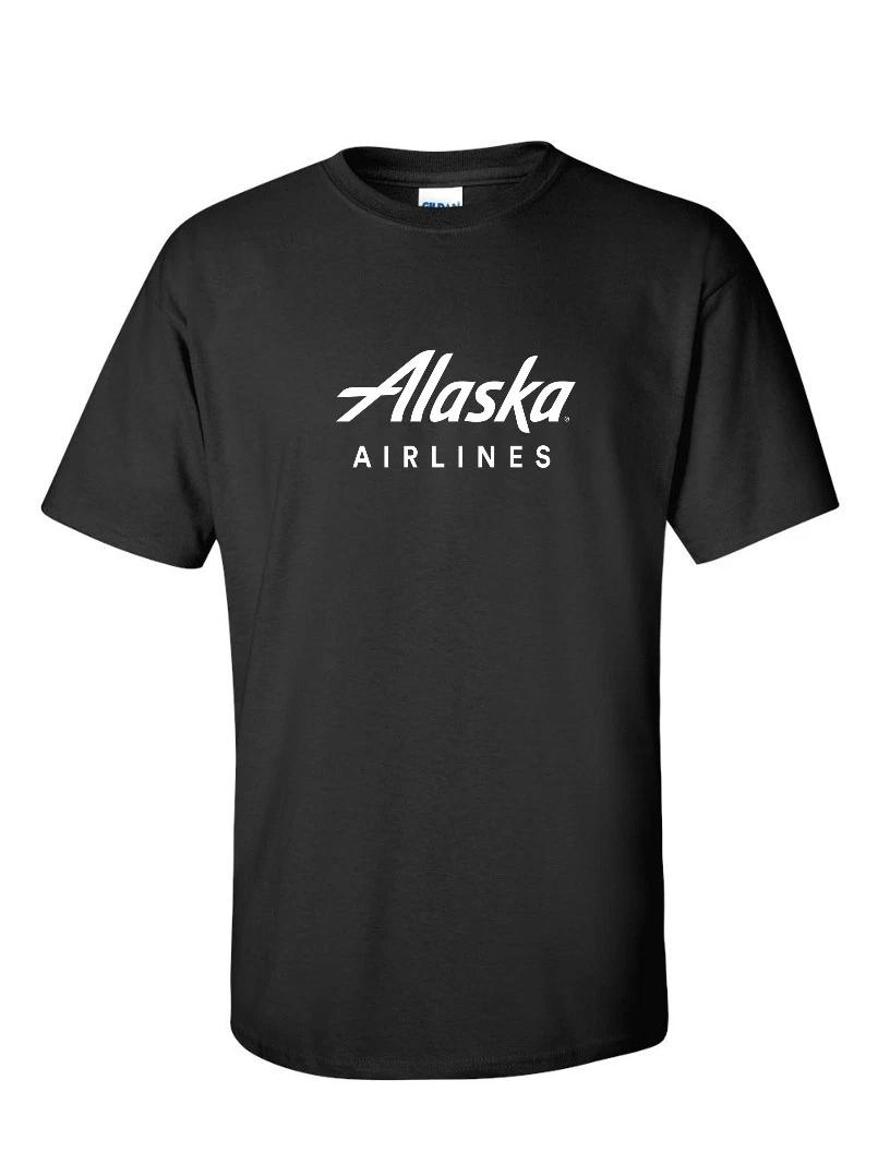Alaska Airlines White Retro Logo US Aviation Black Cotton T-Shirt S