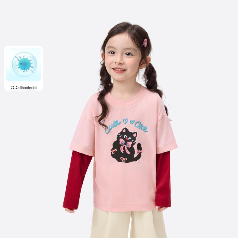 Girls  Cat Print Fake Two-Piece Long Sleeve T-Shirt 140