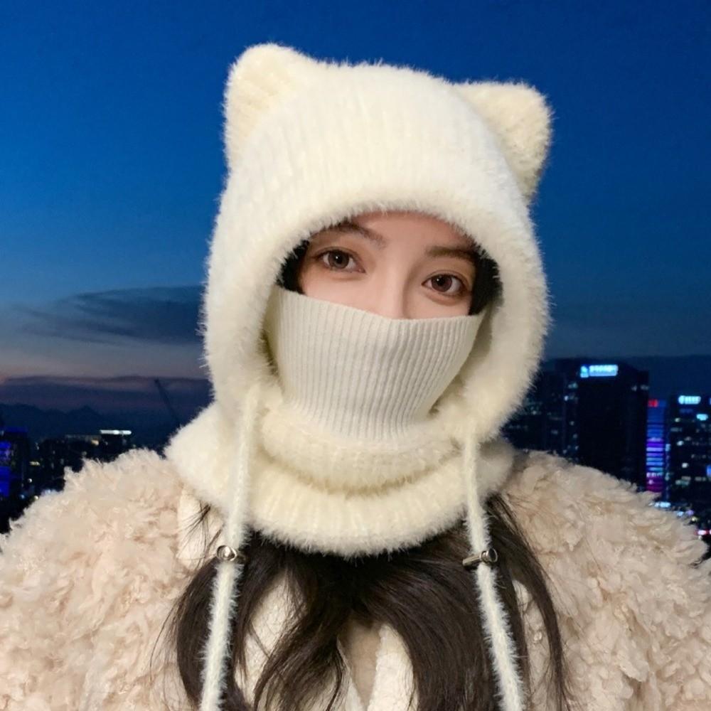 Fluffy Balaclava Hat Korean Style Hooded Cap Cute Knitted Hat  for Women