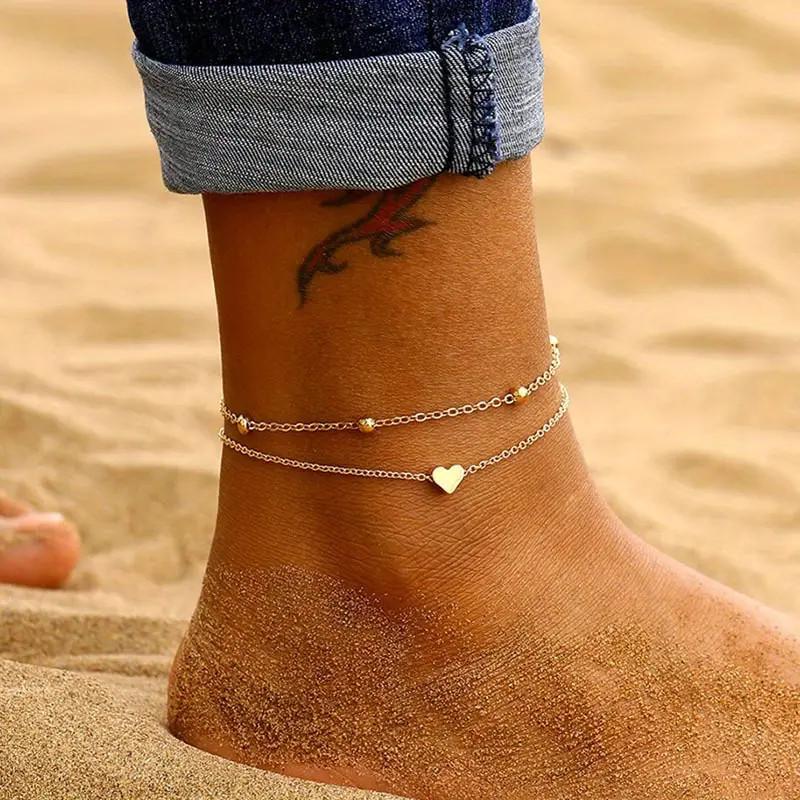 Retro Double-Layer Heart Anklet with Round Bead Chain - Women's Beach Foot Jewelry