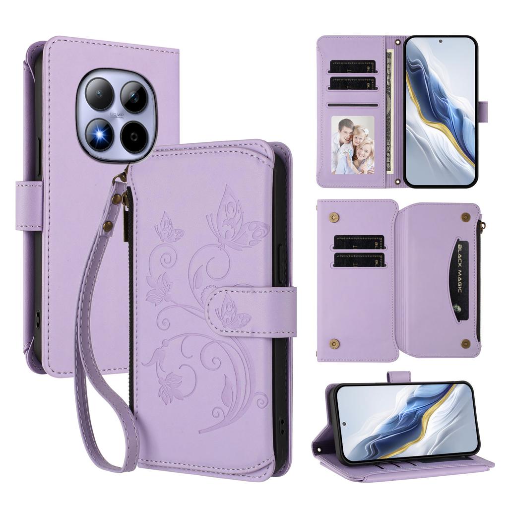 For Xiaomi Redmi Note 15 Pro 4G (Global) Leather Case Butterfly Floral Imprint Zipper Wallet Stand Cover with Wrist Strap